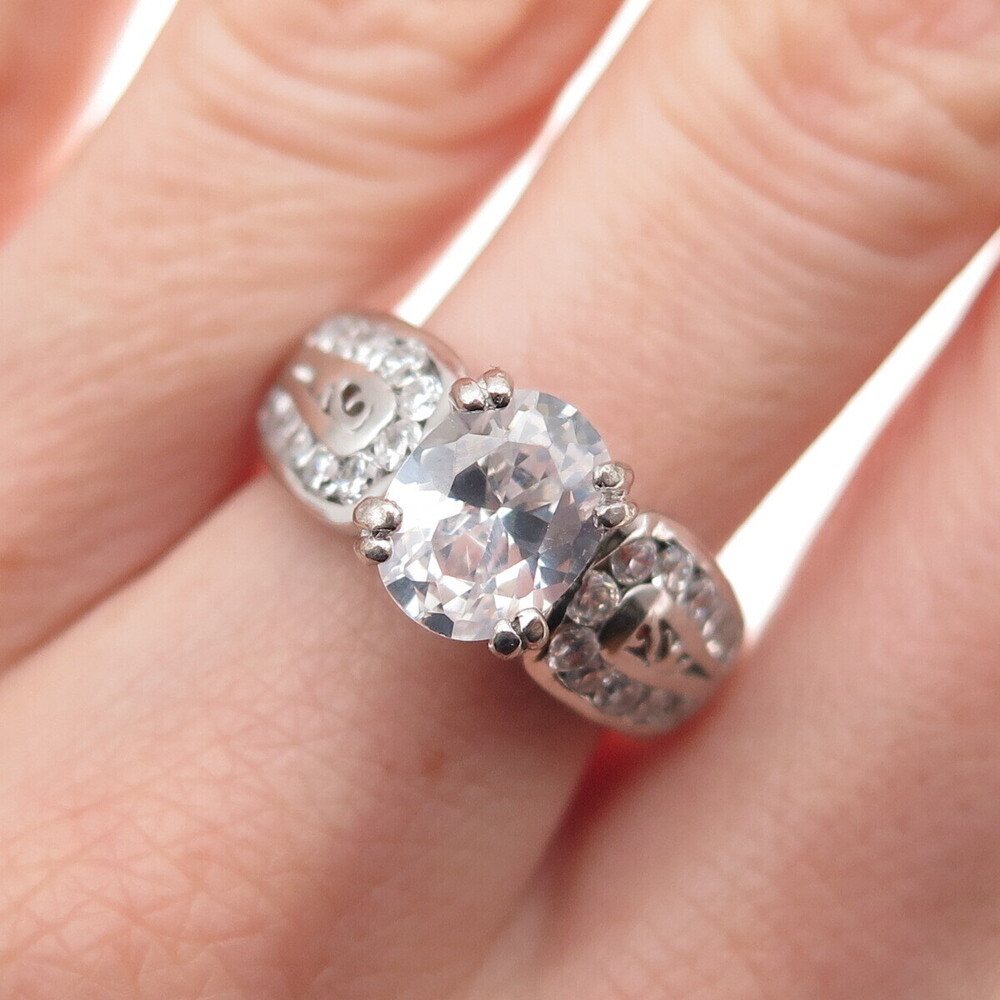 Chapal Zenray 925 Sterling Silver Oval & Round-Cut C Z Engagement Ring Size 6.5